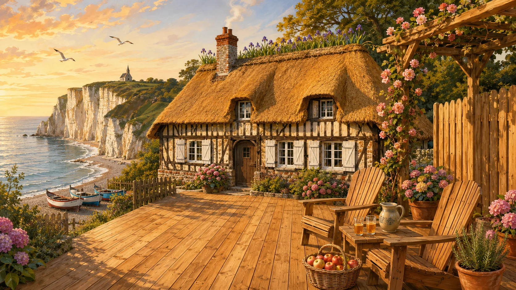 Illustration paysagère du dépôt avec terrasse en bois et clôture